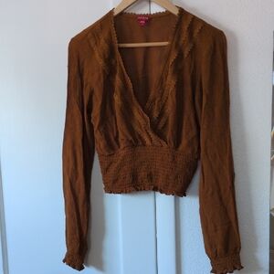Guess Rust Brown Smocked Wrap-Front Blouse
